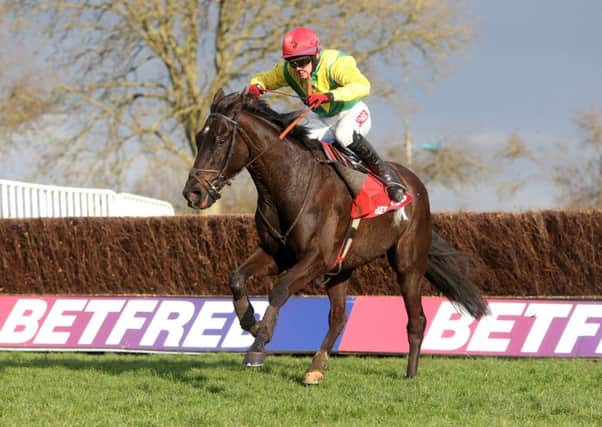 BURSTING THROUGH: Goonyella and Jonathan Burke going on to win the Midlands Grand National at Uttoxeter. Picture: Simon Cooper/PA