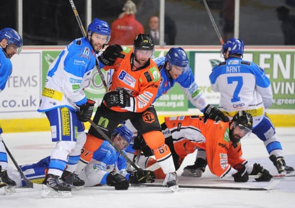 HEAVY TRAFFIC: Colton Fretter makes a nuisance of himself in front of the Coventry Blaze goal during Saturdays 2-0 win. Picture: Dean Woolley.