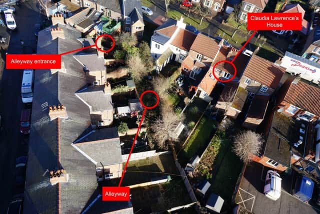 An aerial view of the house of Claudia Lawrence on Heworth Road in York. Picture: Ross Parry Agency