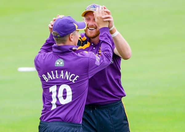 Yorkshire's Andrew Gale celebrates with Gary Ballance