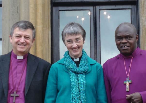 The new Bishop of Hull Reverend Canon Alison White and the Archbishop of York John Sentamu, with her husband Bishop Frank White, at Bishopthorpe Palace, near York.