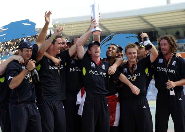 Yorkshire's Tim Bresnan, far left, and Ryan Sidebottom, far right, celebrate England winning the World Twenty20 Final at the Kensington Oval, Barbados in May 2010.