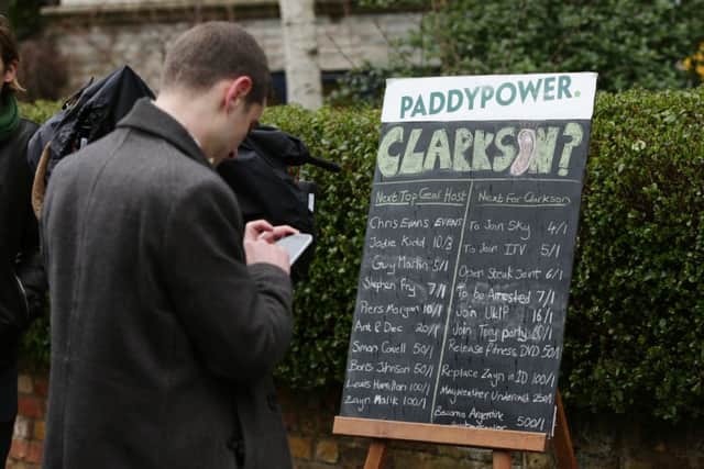 A Paddy Power board with betting odds placed outside Jeremy Clarkson's home in Kensington, west London