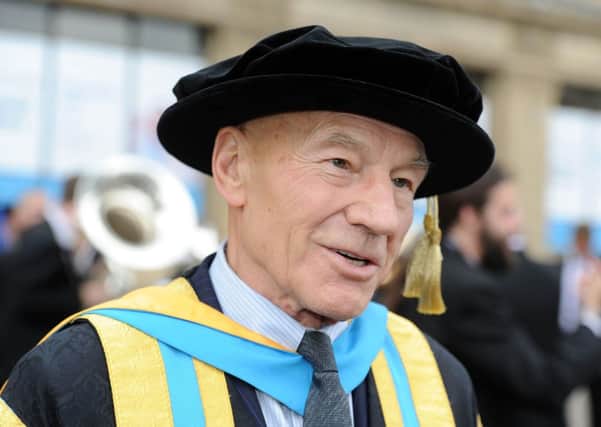 Sir Patrick Stewart at the  University of Huddersfield annual graduation ceremony parade in 2014.
Picture James Hardisty