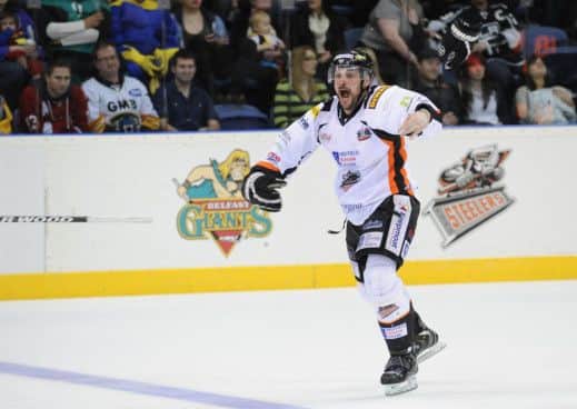 MAGIC MOMENT: Drew Fata celebrates scoring the winner for Sheffield Steelers in last year's play-off final.