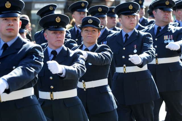 Personnel from RAF Leeming parade along the High Street in Bedale. Picture : Jonathan Gawthorpe