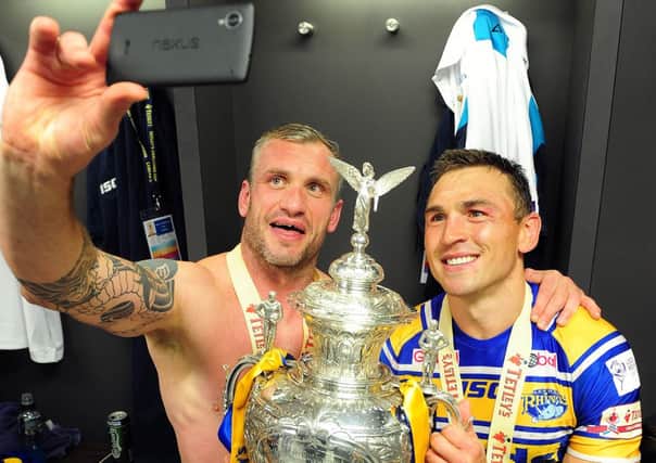 Jamie Peacock takes a selfie with Kevin Sinfield after winning the Challenge Cup. Picture: Steve Riding.
