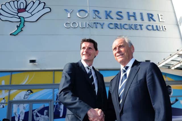 Colin Graves (right) stands down as chairman of Yorkshire CCC to be succeded by new chairman Steve Denison (left), at the club's AGM.

(Picture: Jonathan Gawthorpe)