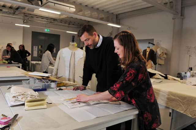 Patrick Grant of the Great British Sewing Bee chats with Megan Compton, in her final year studying BA (hons) in Fashion at Leeds College of Art. Picture by Tony Johnson