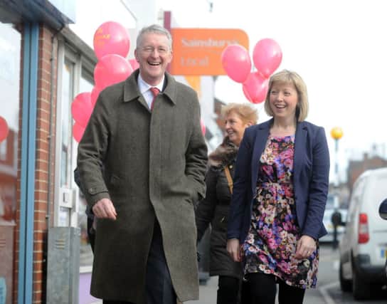 Shadow Local Government Secretary and Leeds Central MP Hilary Benn pictured with Labour candidate Veronica King, during his visit to Garforth, Leeds..SH10013089j..30th March 2015 Picture by Simon Hulme