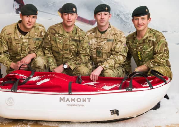 Lance Corporal Nick Webb, Corporal Ollie Bainbridge, MC, Sergeant Robbie Harmer and Captain Adam Crookshank, all of the Royal Dragoon Guards, based at Catterick. These injured soldiers are taking part in the Mamont Cup next month. (photo credit: Anthony Upton.)