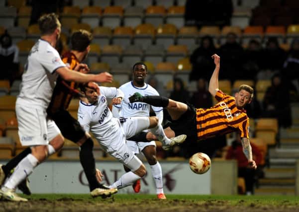 Bradford's Jon Stead gets a shot in on Chesterfield.  Picture: Bruce Rollinson