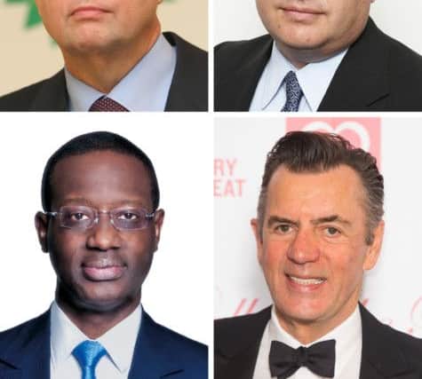 Clockwise from top left: BP chief executive Bob Dudley, Sir Charles Dunstone, Duncan Bannatyne and Tidjane Thiam, who have  all added their signatures to an open letter warning any "change in course" after the election would threaten jobs and put the recovery at risk