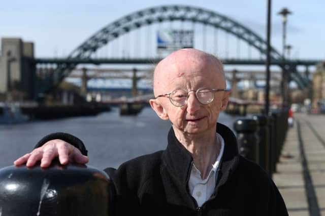 Alan Barnes stands on Newcastle Quayside, Newcastle, as Richard Gatiss was jailed for 4 years after admitting trying to mug the visually-impaired pensioner.