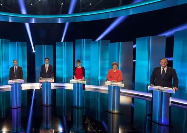 Political candidates taking part in the seven-way TV debate at the ITV studios in Salford.  Pic: Ken McKay/ITV/REX/PA Wire