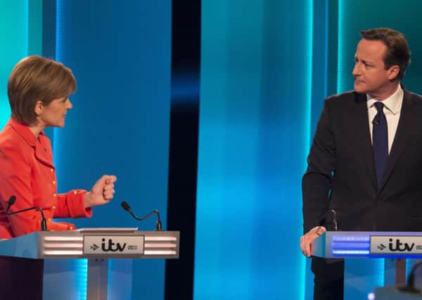 First Minister Nicola Sturgeon and Prime Minister David Cameron during the 7-way televised leaders' debate