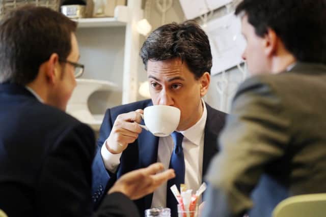 Ed Miliband enjoys coffee in Woodlesford today