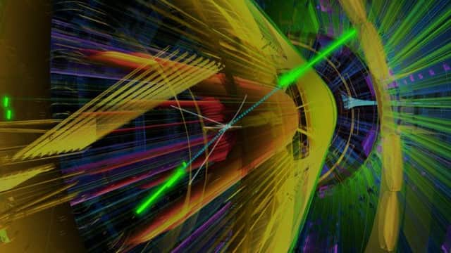 "Collision events in the Large Hadron Collider showing glimpses of the Higgs bosun particle"