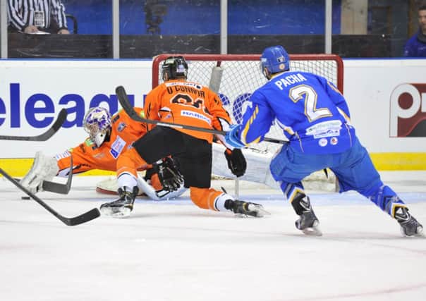 Josh Unice saves a shot during the Sheffield Steelers versus Hull Stingrays play-off semi-final. (Picture: Dean Woolley).