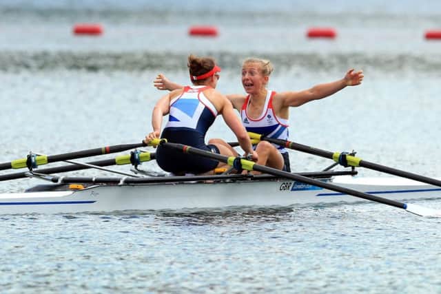 Great Britain's Sophie Hosking (left) and Katherine Copeland celebrate winning gold in 2012