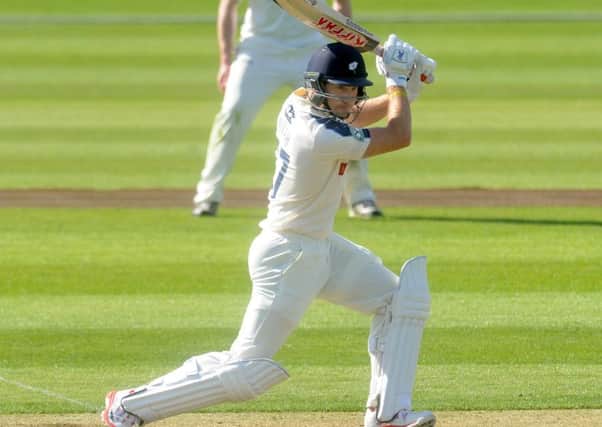 Richard Pyrah attacks the Leeds and Bradford MCCU bowlng yesterday at Headingley (Picture: Steve Riding).