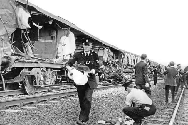 Wreckage litters the tracks in the aftermath of the Thirsk rail crash in July 1967 in which a passenger express was derailed after hitting a loaded cement wagon, killing seven people and injuring  dozens.