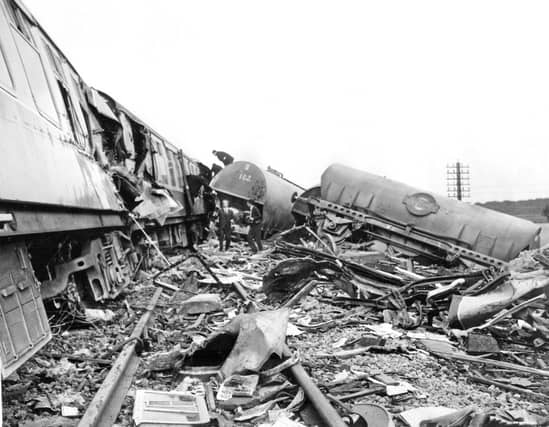 Wreckage litters the tracks in the aftermath of the Thirsk rail crash in July 1967 in which a passenger express was derailed after hitting a loaded cement wagon, killing seven people and injuring dozens.