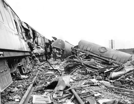 Wreckage litters the tracks in the aftermath of the Thirsk rail crash in July 1967 in which a passenger express was derailed after hitting a loaded cement wagon, killing seven people and injuring  dozens.