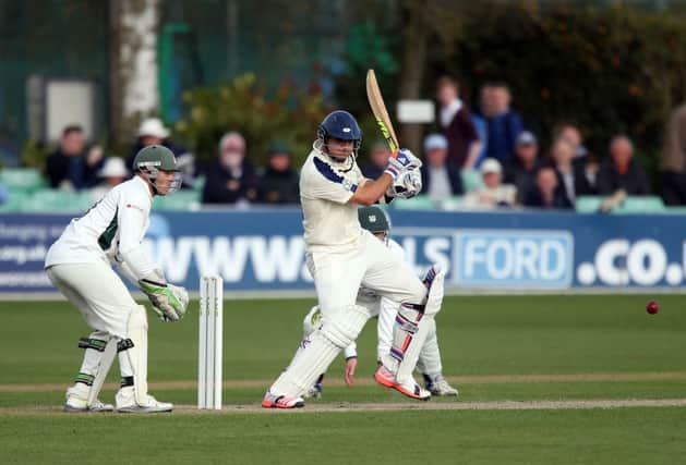 Yorkshire's Jack Brooks bats during day two of the LV= County Championship match at New Road, Worcester. PRESS ASSOCIATION Photo. Picture date: Monday April 13, 2015. See PA story CRICKET Worcestershire. Photo credit should read: Simon Cooper/PA Wire. RESTRICTIONS: Editorial use only. No commercial use without prior written consent of the ECB. Still image use only - no moving images to emulate broadcast. No removing or obscuring of sponsor logos. Call +44 (0)1158 447447 for further information.