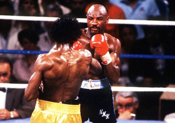 Marvin Hagler versus Tommy Hearns for the world middleweight title at Caesars Palace, Las Vegas. 
(Dave Cannon/ALLSPORT)