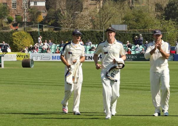 Yorkshires Steve Patterson is applauded from the field having taken a career-best 5-11 to help bowl out Worcestershire for 100 in their second innings as the champions won by 10 wickets (Picture: Tony Marsh).