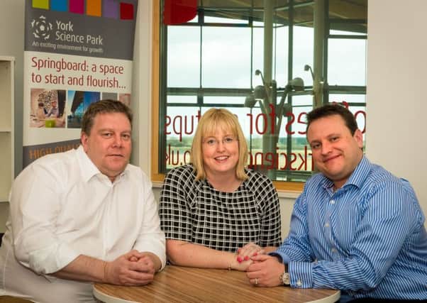 New residents at York Science Parks Springboard (L to R) Martin Hall, Superformation, Tracey Smith, managing director, York Science Park and John Benson, Atom Stream.