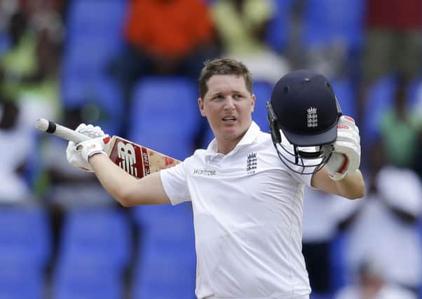 Yorkshire's Gary Ballance celebrates after he scored a century for England against the West Indies yesterday (Picture: Ricardo Mazalan.)