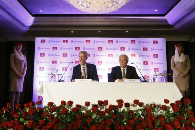 Sir Tim Clark, President of Emirates Airline, right, and John Rishton, Chief Executive Officer Rolls Royce during a press conference in London