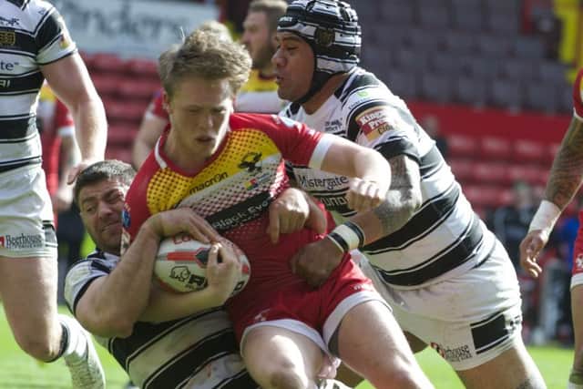 Sheffield Eagles' Corey Aston is halted in his tracks. (
Picture: Dean Atkins)