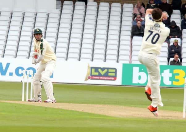 Alex Hales faces Yorkshire's Jack Brookes on his way to 222 not out at trent Bridge on Sunday.