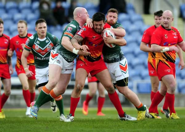 Matthew Haggerty scored the opening try for Dewsbury Rams against Hunslet.  Picture James Hardisty, (JH1008/15d).