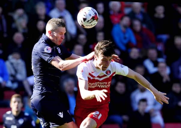 Leeds United's Steve Morison duels with Charlton Athletic's Morgan Fox (Picture: James Hardisty).
