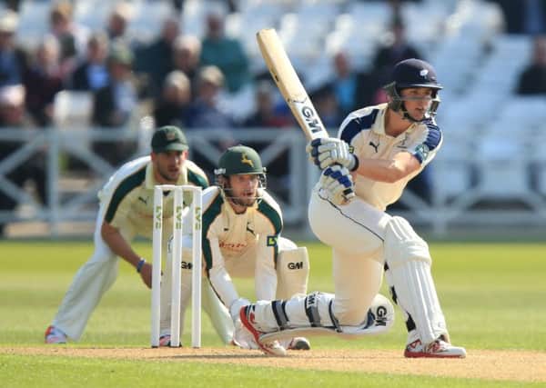 Yorkshire's Alex Lees hits out at Trent Bridge on day two. Picture: Mike Egerton/PA.