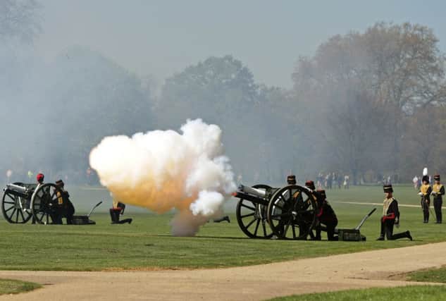 The King's Troop Royal Horse Artillery stage a 41-gun royal salute in Hyde Park, London.