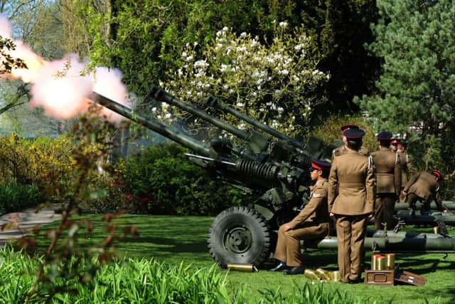 The soldiers of 3/29 (Corunna) Battery of 4th Regiment Royal Artillery fire a 21 gun salute in the Museum Gardens in York. 
Picture: Jonathan Gawthorpe.