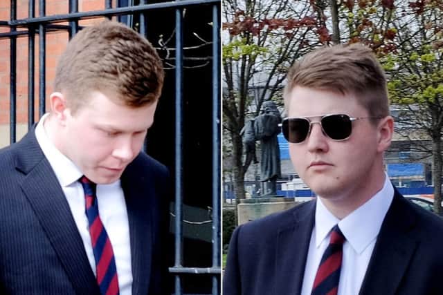 Soldiers Jason Collins (left) and Shaun Smith leave Teesside Crown Court after avoiding jail despite being caught on camera brutally beating two men and repeatedly stamping on the head of one of the victims.