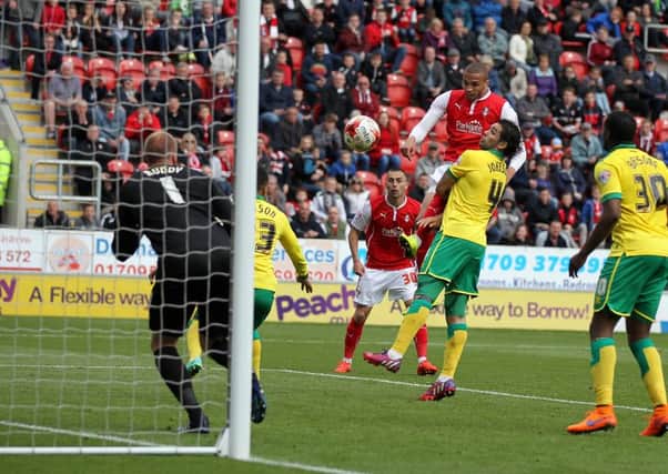 Jordan Bowery rises to score a late equalisef for Rotherham United at home to Norwich City (Picture: James Brailsford).