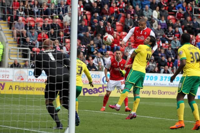 Jordan Bowery rises to score a late equalisef for Rotherham United at home to Norwich City (Picture: James Brailsford).