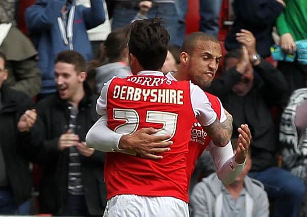 Rotherham United's Jordan Bowery celebrates his late equaliser against Norwich City with Matt Derbyshire (Picture: James Brailsford).