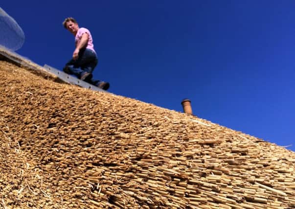 Thatcher Christopher Smart working on the thatched roof on the house in Thornton Le Dale