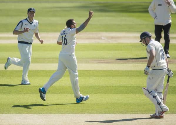 Yorkshires Tim Bresnan celebrates taking the fourth of five wickets in Warwickshires first innings, Peter McKay the victim (Picture: Allan McKenzie/SWpix.com).