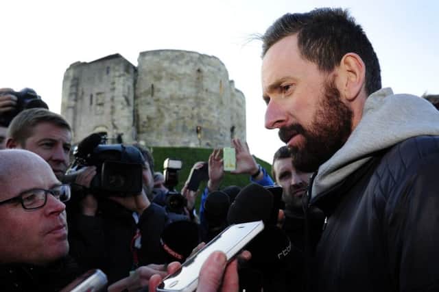 Sir Bradley Wiggins talks to the media at the Eve of Tour Celebration, Castle Museum, York, ahead of the Tour de Yorkshire (Picture: Bruce Rollinson).