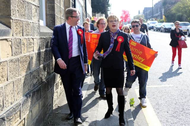 Comedian Eddie Izzard on the campaign trail with Jamie Hanley (left), Labour candidate for Pudsey