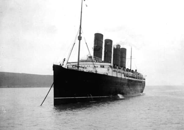 The Lusitania moored in the Mersey.